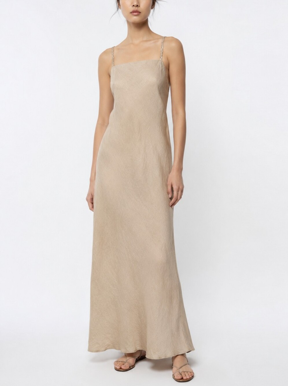My Time Italy Linen Blend Square Neck Spaghetti Strap Maxi Slip Dress in Beige